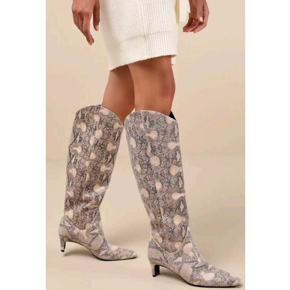 Beige Snake Pointed-Toe Knee-High Boots